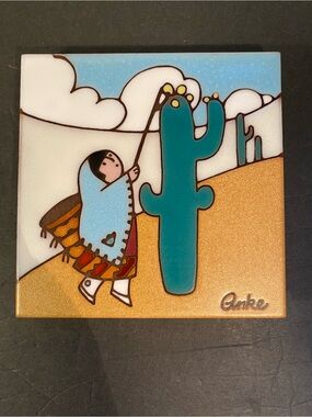 Vintage Handcrafted Trivet Native American Cactus Desert Tile Art
